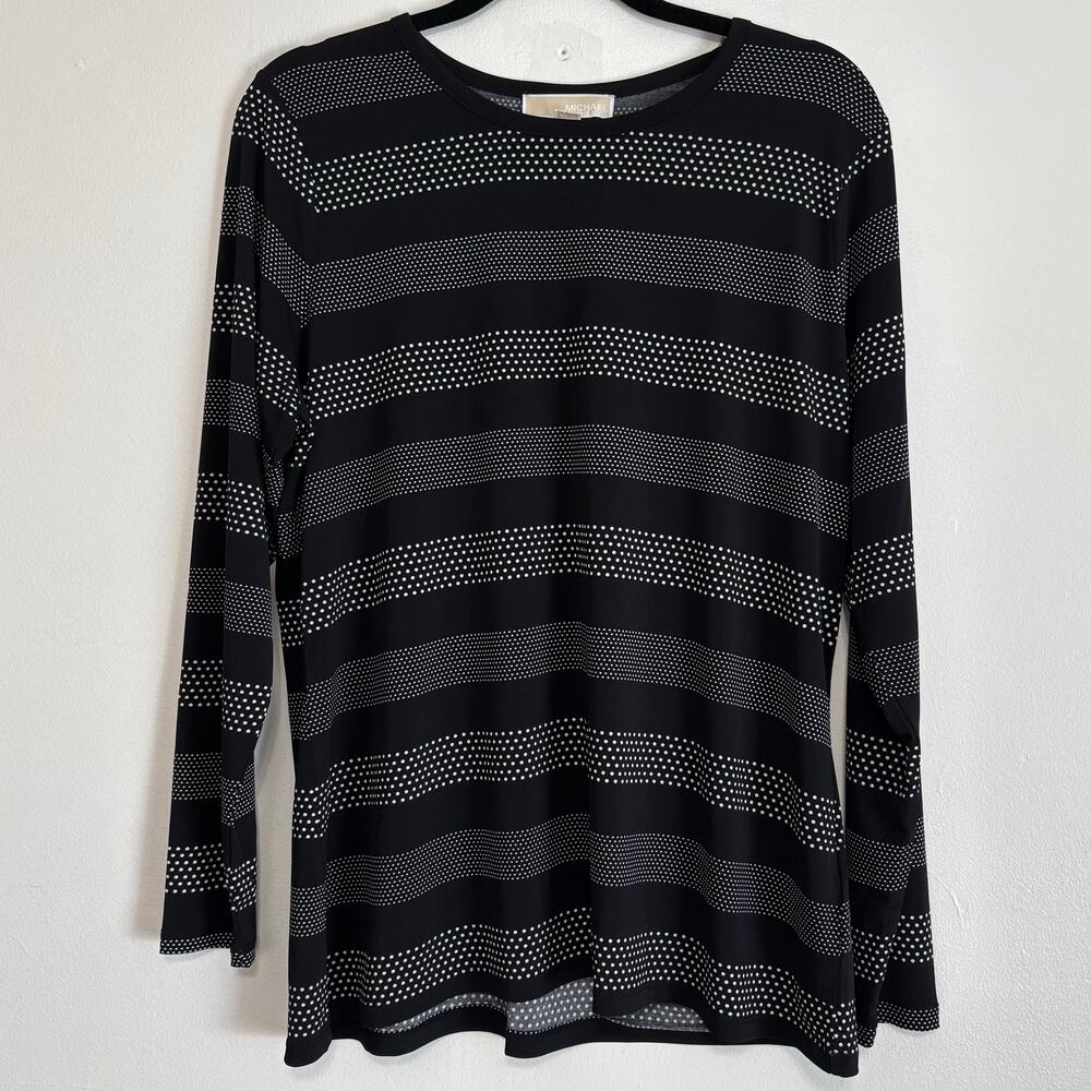 MICHAEL Michael Kors Black Long-Sleeved White Polka Dot Striped Top  Size 1X